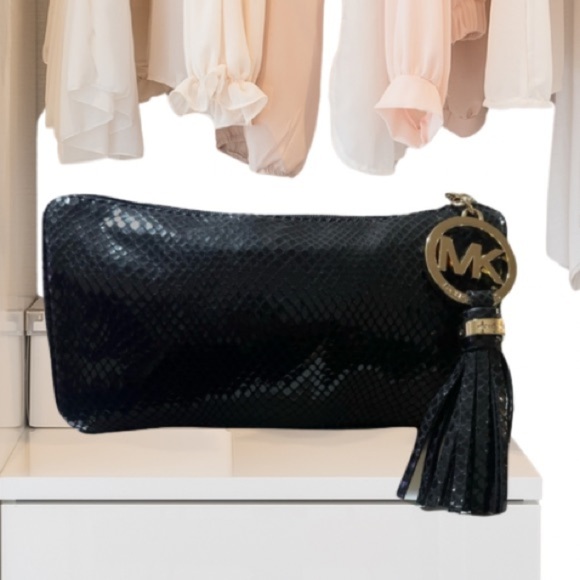 Michael Kors Black Textured Faux Snakeskin Clutch with Tassel & Charm - Picture 1 of 11